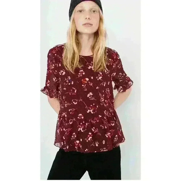Madewell Ruffle Peplum Swing Top In Clipdot Maroon Carnation Toss. XS - Picture 1 of 13